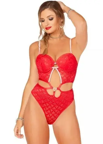 BodyRage Red Lace Bodysuit Lingerie Rhinestone Straps Valentine's Day NEW 1X Red