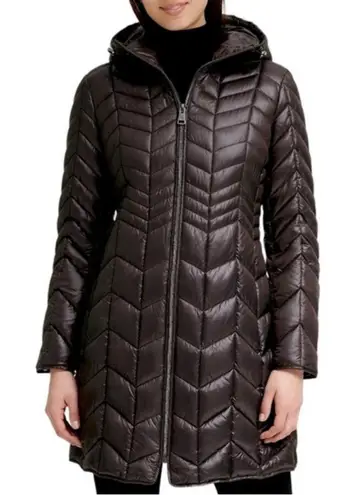 Kenneth Cole New York Black Multi Quilt Hooded Cire Coat Small EUC