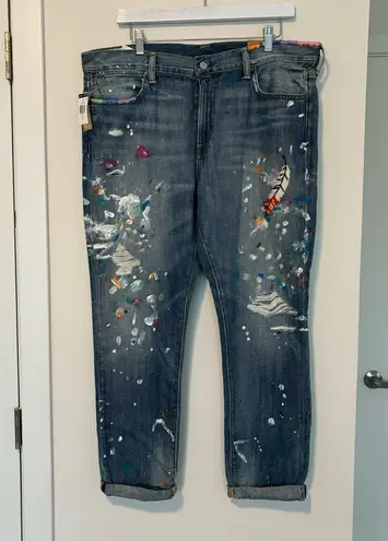 Polo Ralph Lauren Astor Slim Boyfriend Jeans paint splatter feather Womens 32 Blue