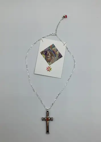 Handmade Black Cross Orange Red Stone Figaro Chain 18” Adjustable 20” Pearl Drop