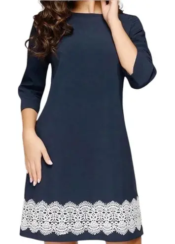 Navy 3/4 Sleeve Pullover Dress w/ White Printed Hem Detail Blue Size XXL