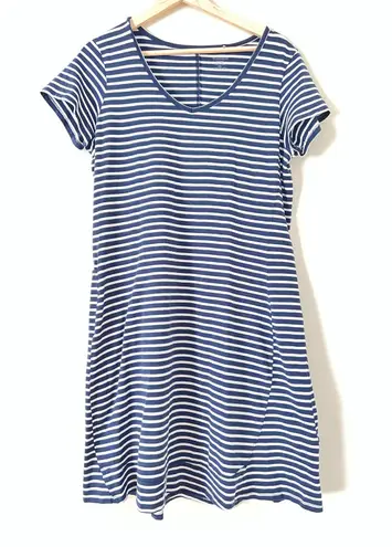 Toad&Co Marley Short Sleeve Dress Navy Blue Stripe Large Pockets Organic Cotton