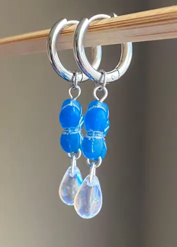Handmade quality Czech glass beads 2WAY hoop dangle earrings🩵