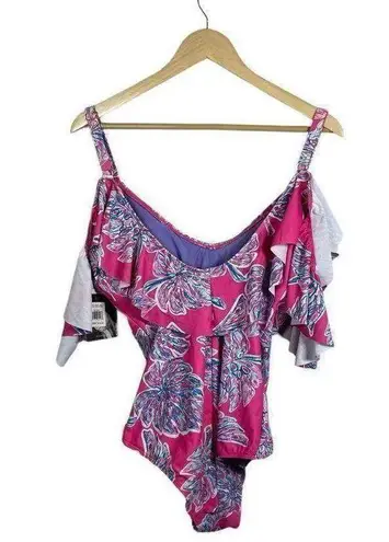 Marilyn Monroe NWT Ruffle Botanical One Piece Swim Suit in Pink/Blue Size 1X