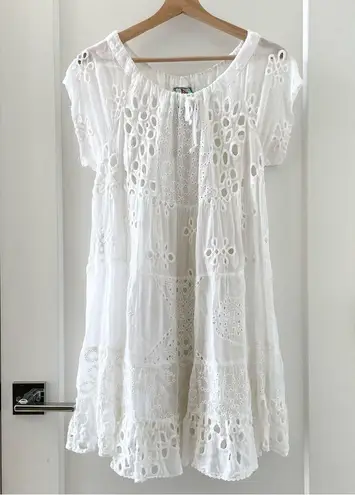 Johnny Was White Eyelet Lace Mini Bay Doll Dress Swim Coverup With Slip Size S