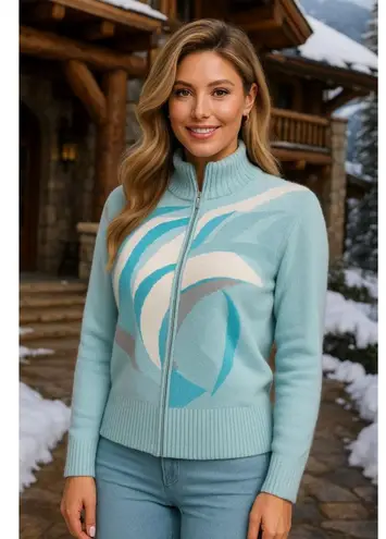 Vintage Basler Angora Wool Zip Cardigan Sweater Abstract Winter Autumn Artsy 80s Blue Size M