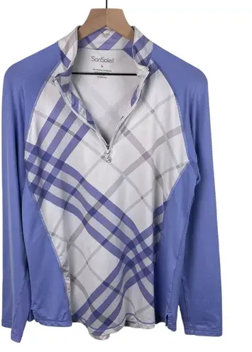 SanSoleil Women's Long Sleeve Quarter Zip Pullover Size Large Purple White Plaid - Image 1