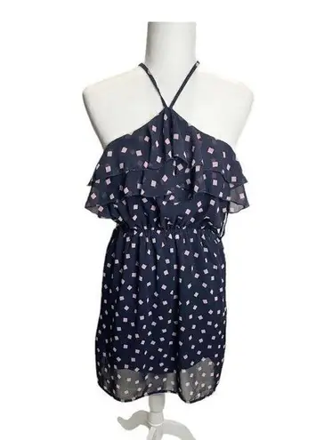 YA Los Angeles  Navy Blue Pink Geometric Ruffle Halter Sundress Size S Chiffon