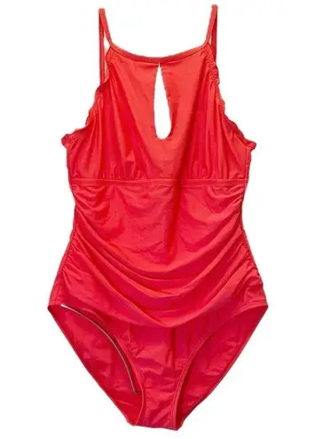 Ellen Tracy Ruched High Neck Ruffle Keyhole One-Piece Swimsuit Siren Red Size 14