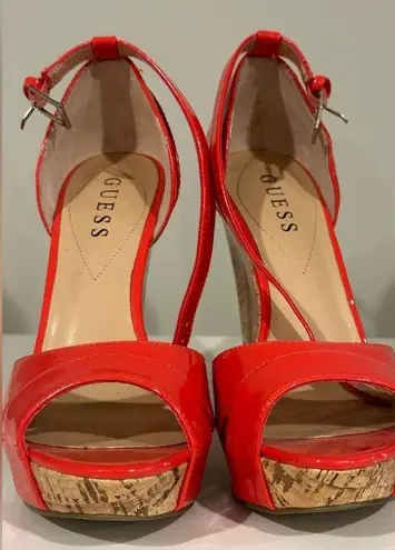 Guess  Kalisa Pep Toe Platform Wedge Cork Shiny Sandals Patent  Coral Red Sz. 7