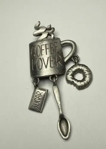 Signed JJ Coffee Lover Cup With Spoon Charm Dangle Brooch Pin Jonette Jewelry Silver