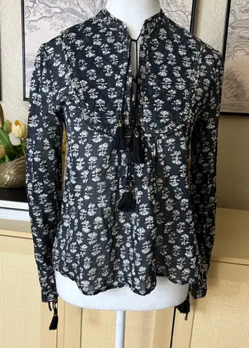 DOEN Floral Print Cotton Tassel Long Sleeve Top Size Small Boho Black