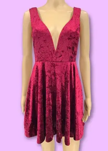 Lulus MEDIUM Red This Night Crushed Velvet Plunge Backless Fit Flare Mini Dress