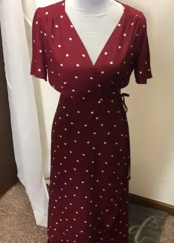 Everly womens red and white polka dot wrap around tie side maxi dress size small