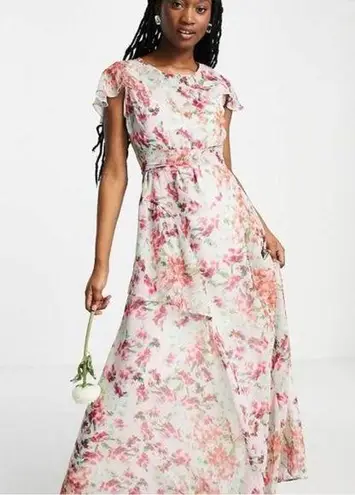 Hope & Ivy Eimear Maxi Dress Ruffle Flutter Sleeve Cream Floral Size 14 NWT Pink