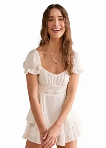 NWT Miami Francesca’s White Satin Tiered Puff Sleeve Romper Size M