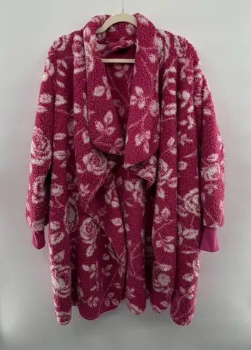 BumbleBella by Jill Martin 1X Pink Sherpa Floral Cozy Cardigan Robe Wrap QVC