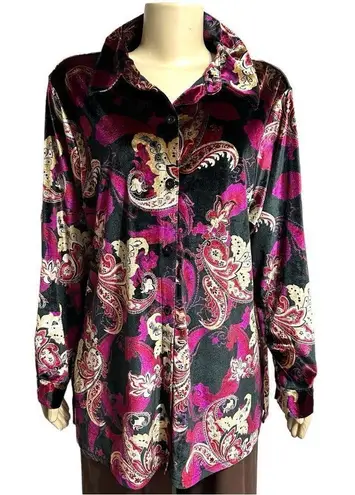 Vintage Y2K Denim & Co Floral Paisley Button Up Velvet Top Size 1X Whimigoth