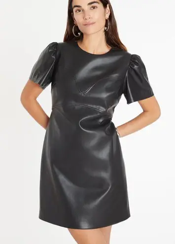 Tanya Taylor Antonella Mini Dress Size 6 Black Pleather Puff Sleeve Cocktail