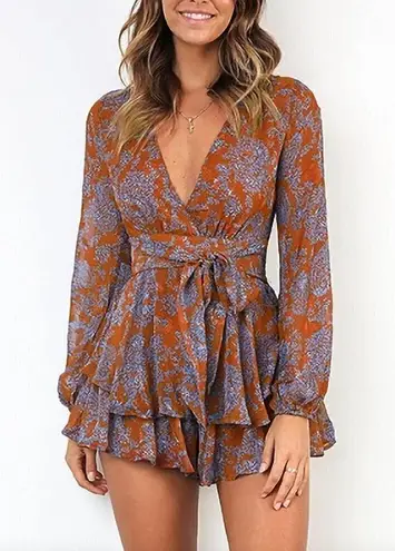 Relipop Romper L NWOT Floral Print V-Neck Long Sleeve Waist Tie Layered Ruffle