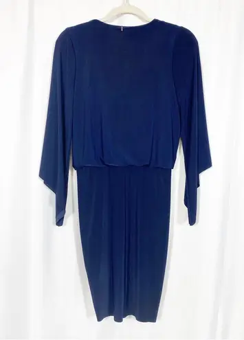 MISA Los Angeles Teget Draped Twist Front Bell Sleeve Mini Dress: Navy Blue