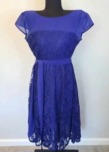 Dressbarn Blue Lace Midi Dress Sz 6 Cap Sleeve Boat Neck A Line Tie Waist Flora