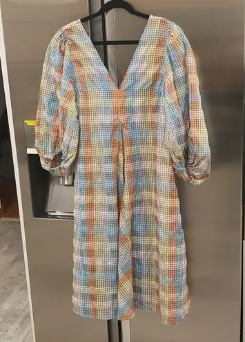 Ganni ππ Seersucker Check Dress ~ Midi Tent Plaid Picnic Balloon Sleeve Size 40
