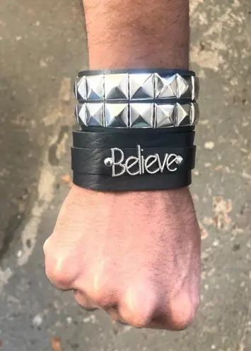 2 Pcs Set “ The Believe Studded Punk Bracelet Goth Pack “ Black