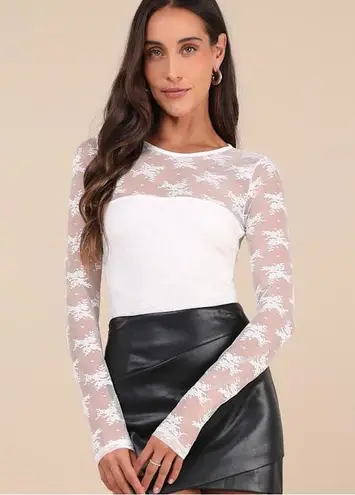 Lulus Sheer Sweet White Sheer Lace Crew Neck Long Sleeve Bodysuit Size Medium