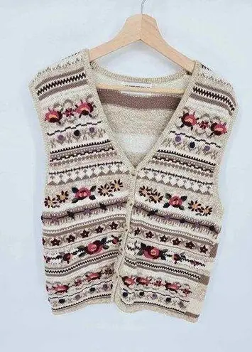 White Stag Vintage  Women's Knit Vest Embroidered Button V Neck Large