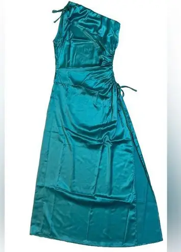 PRETTYGARDEN One Shoulder Satin Cut Out Side Slit Maci Dress in Peacock Blue M