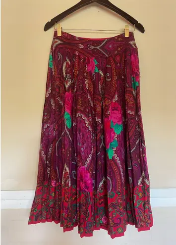 Vintage KENZO Paris Pleated Midi Skirt Paisley Roses Size 38 (fits XS) OLD MONEY Red