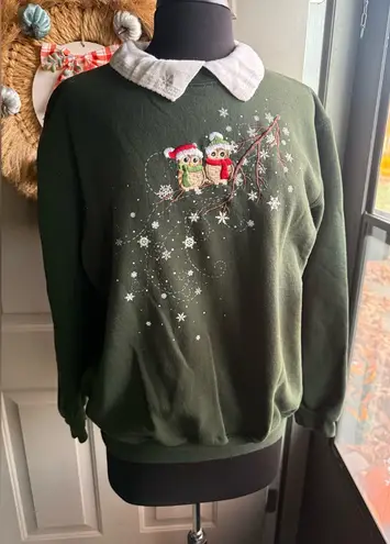 Vintage Top Stitch winter holiday owls sweatshirt, size large Green