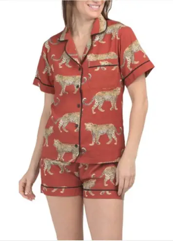 KATIE KIME Red Cotton Blend Cheetah Pajama Top And Shorts Set XXSmall NWT Size XXS