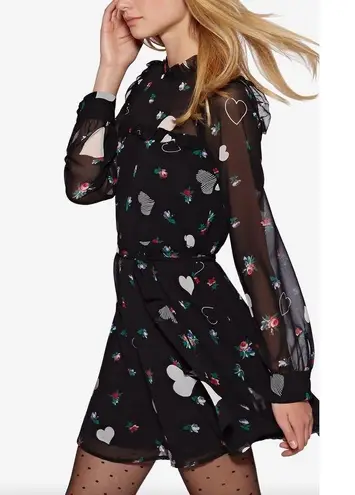 Avec Les Filles Printed Ruffled Fit & Flare Heart Sheer dress - S EUC
