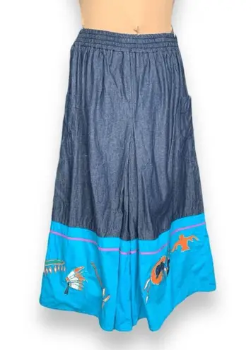 Vintage 90s Southwestern Appliqué Denim Button Up Shirt Gaucho Pants Set Medium Blue