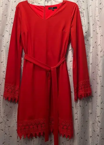 C. Luce Midi Dress, Crochet Lace, 3/4 Bell Sleeve, V-neck, Belt, Poppy, Sz L