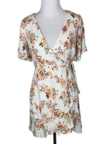 Abercrombie & Fitch  Floral Wrap Dress XS V-Neck Short Sleeve Ruffle Hem White