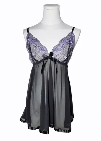 Y2K Sheer Floral Lace Babydoll Lingerie Nightie Black Purple Mesh Bow L Size L