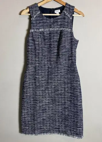 J.Crew Factory Tweed Fringe Sheath Dress Women's 2 Navy Sleeveless Career Preppy Blue