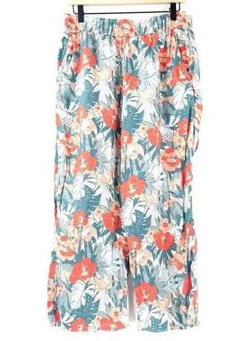 C&C California Pants 100% Linen Large Floral Tropical Wide Leg Elastic Cropped