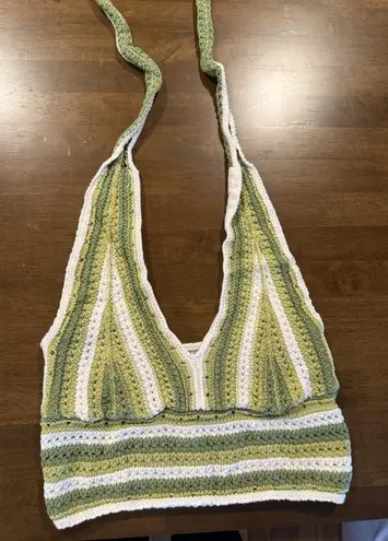 Women’s Hollister Crochet Plunge Halter Crop Top, Green And White Striped Size M