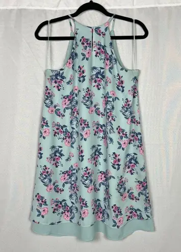 Pink Rose Floral Sleeveless Shift Dress Blue Pink Medium Chiffon Tiered Mini Sundress