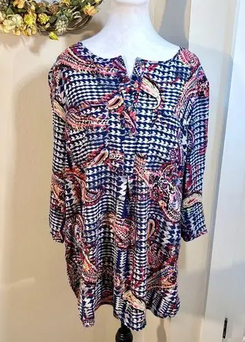 FIG AND FLOWER Paisley Print 3/4 Sleeve Lightweight Tunic w/Pocket Womens 2X Blue
