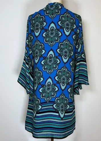 Kaari Blue Paisley Dress Bell Sleeves Blue And Green V-Neck Women’s Size Small