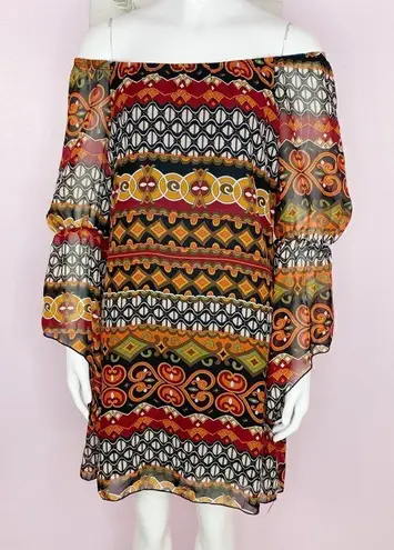 Voll Off The Shoulder Multi Print Shift Dress Split Handkerchief Sleeve Small Orange