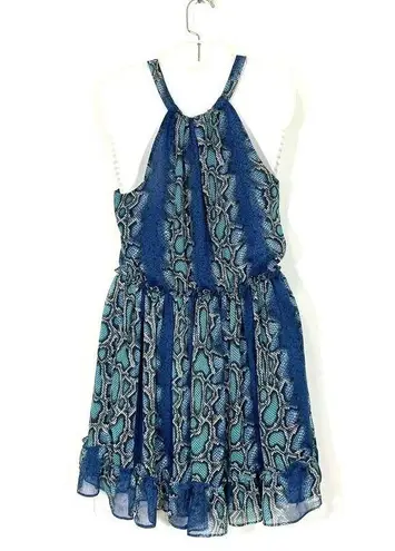 Sundance Catalog Python Snake Print Lined Halter Dress Size Small Blue Ruffles