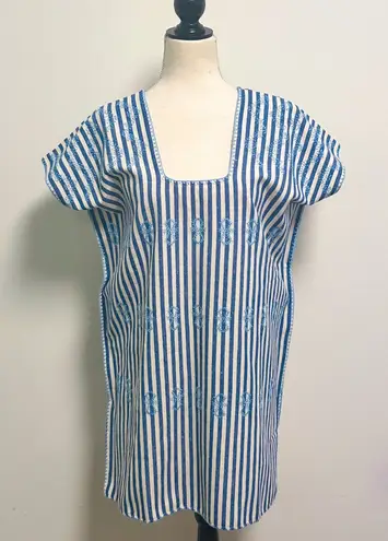 Tuckernuck Ivory Blue Stripe Mini Sullivan Embroidered Canvas Caftan Tunic Small