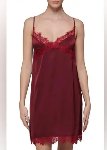 Simone Perele Lace Trim Satin Babydoll Slip Dress in Two Tone Red Small Paris