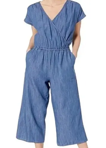 J. Crew Mercantile Chambray Denim Wrap Jumpsuit Size M Elastic Waist Pockets Blue Size M